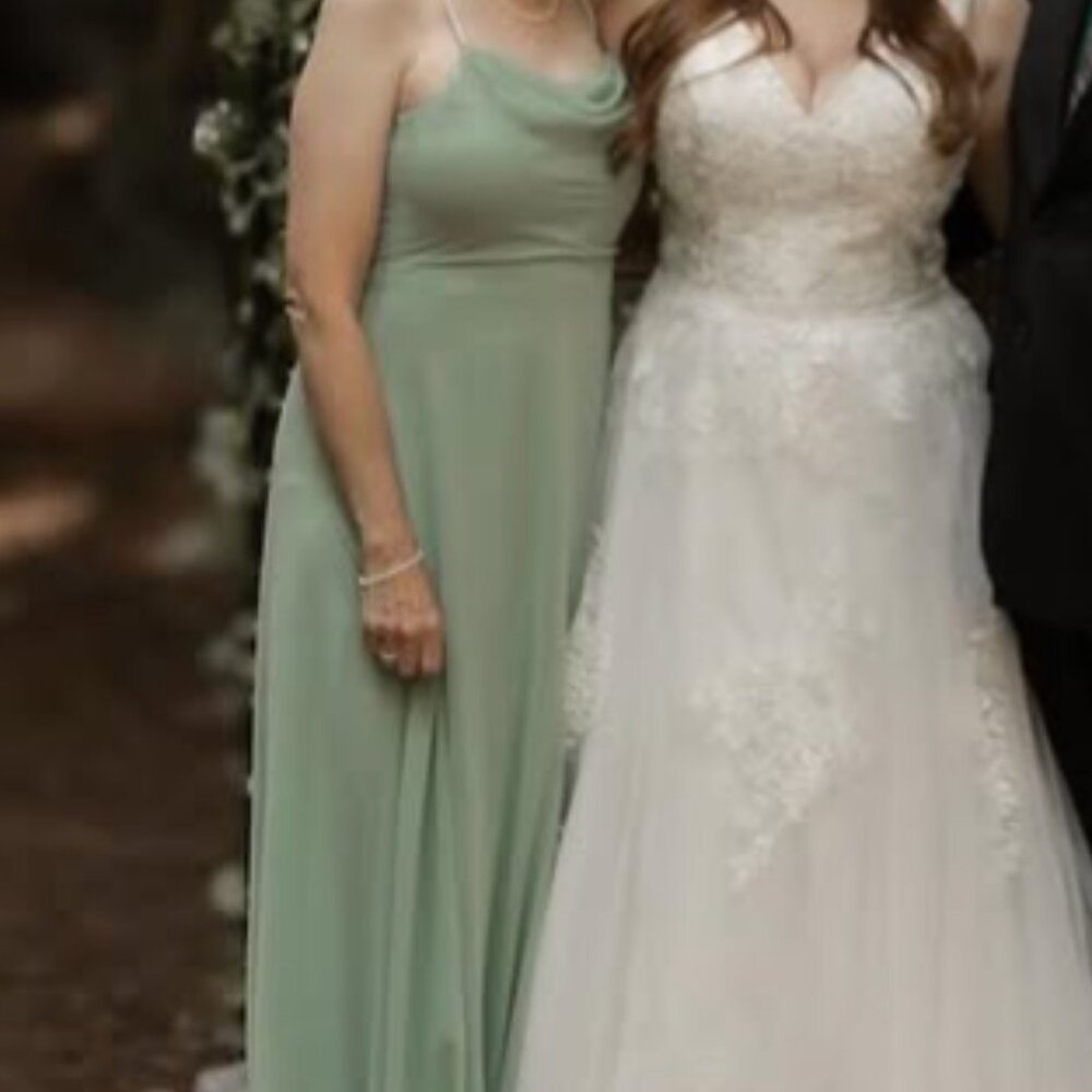 Drape-Neck Faux-Pearl-Strap Sage Dress